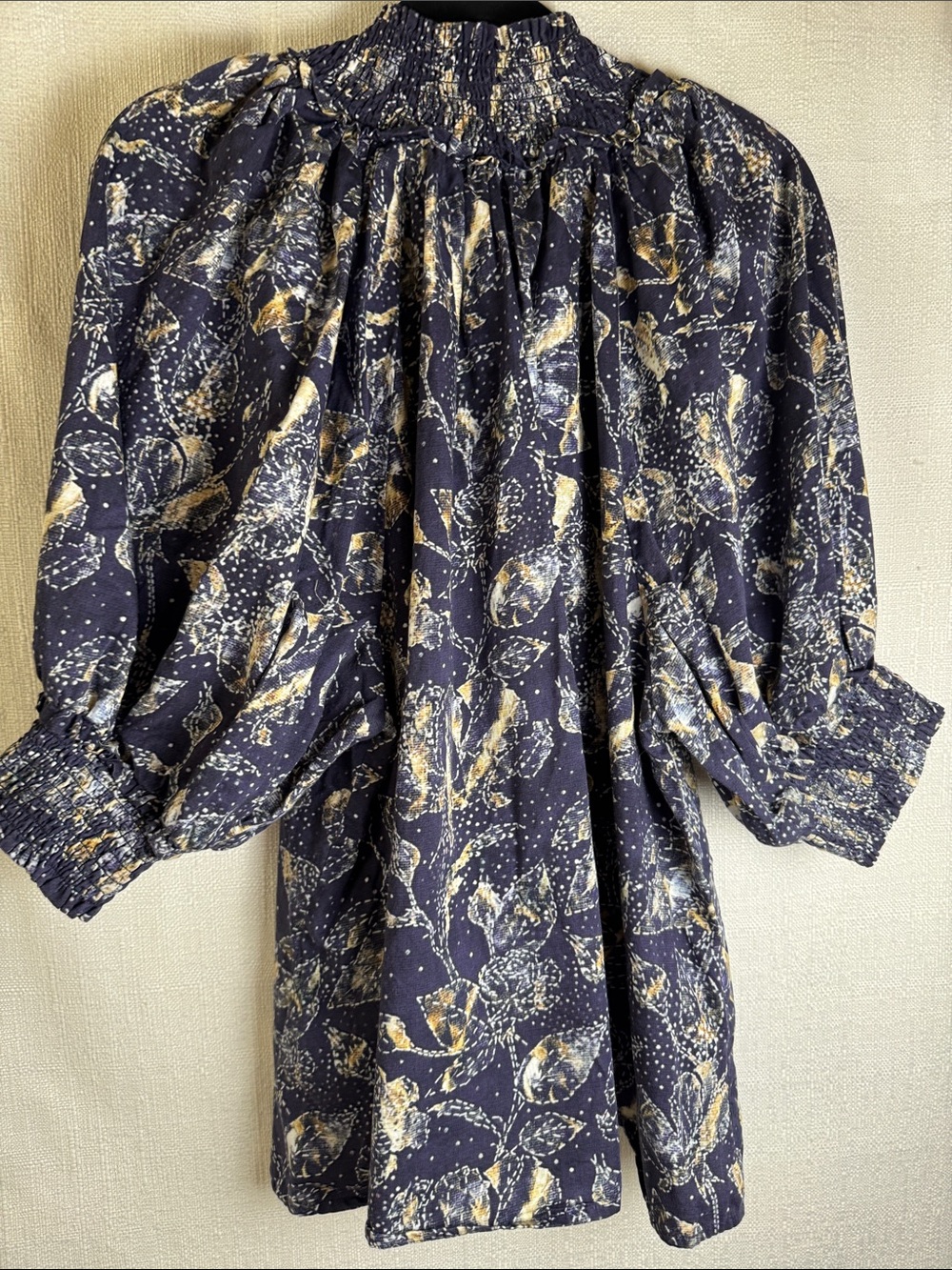 Never A Wallflower Cotton Floral Blouse Navy Smocked Puff Sleeve Cottagecore L - Picture 6 of 9